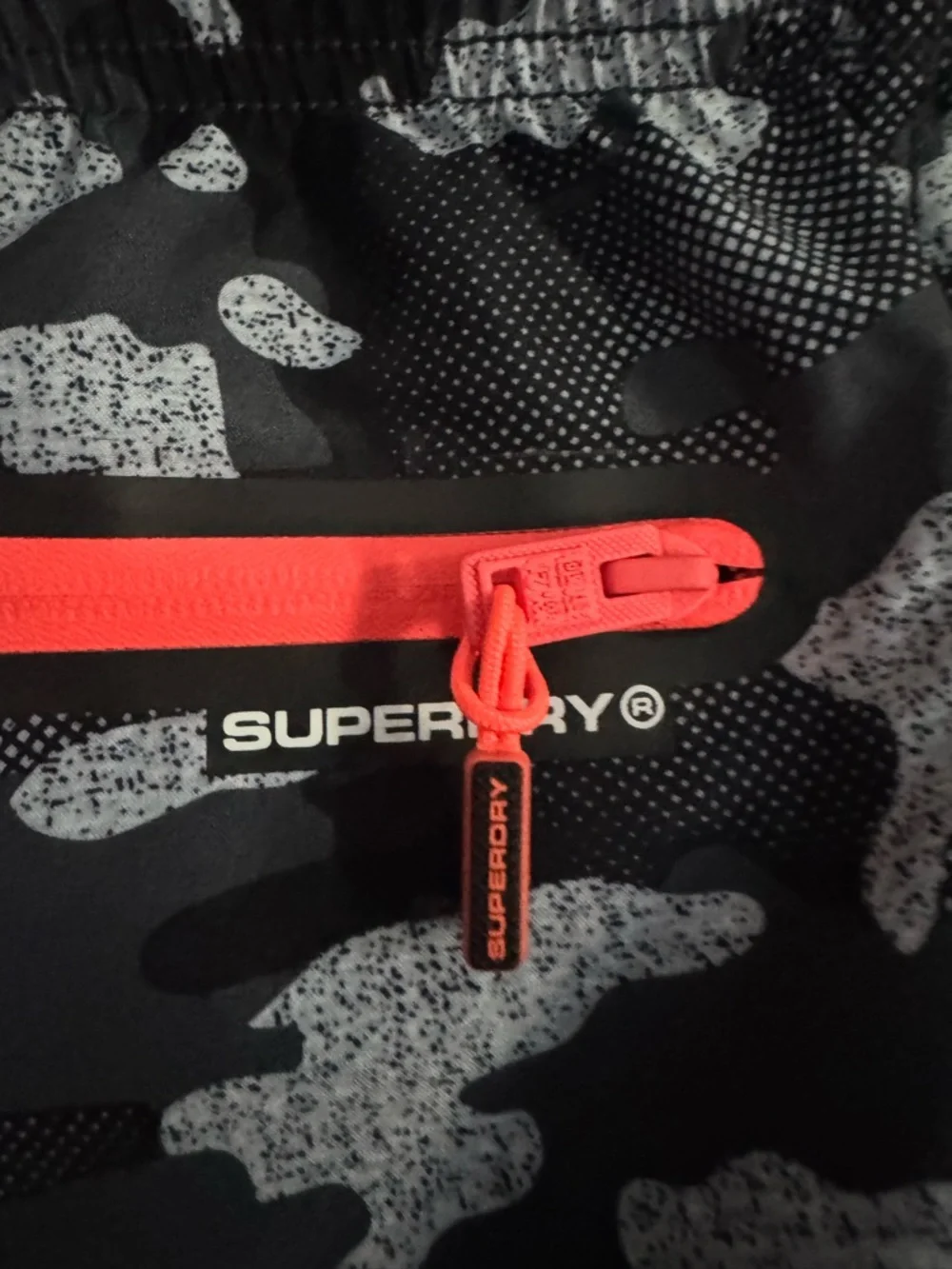 Superdry Men’s Camo Swim Trunks Shorts Black Gray Neon Coral Logo Size S